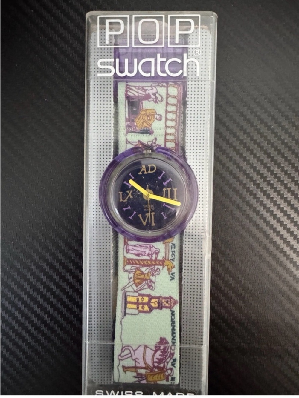 Swatch POP Purple Dial Watch with Yellow Hands and Mint Fabric Strap